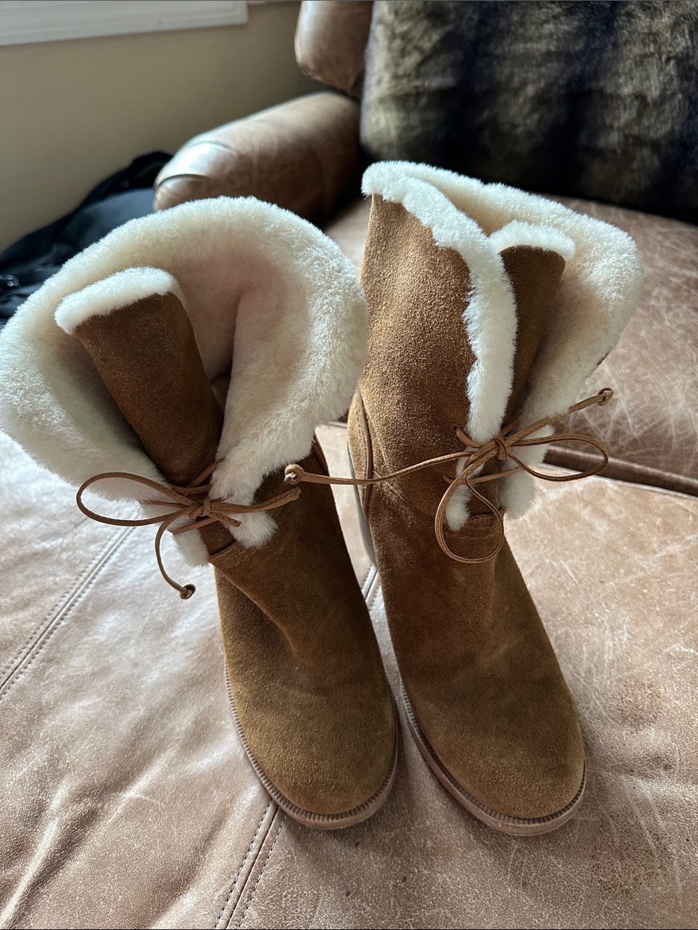 UGG Chestnut Suede Shearling-Lined Lace-Up Winter Boots